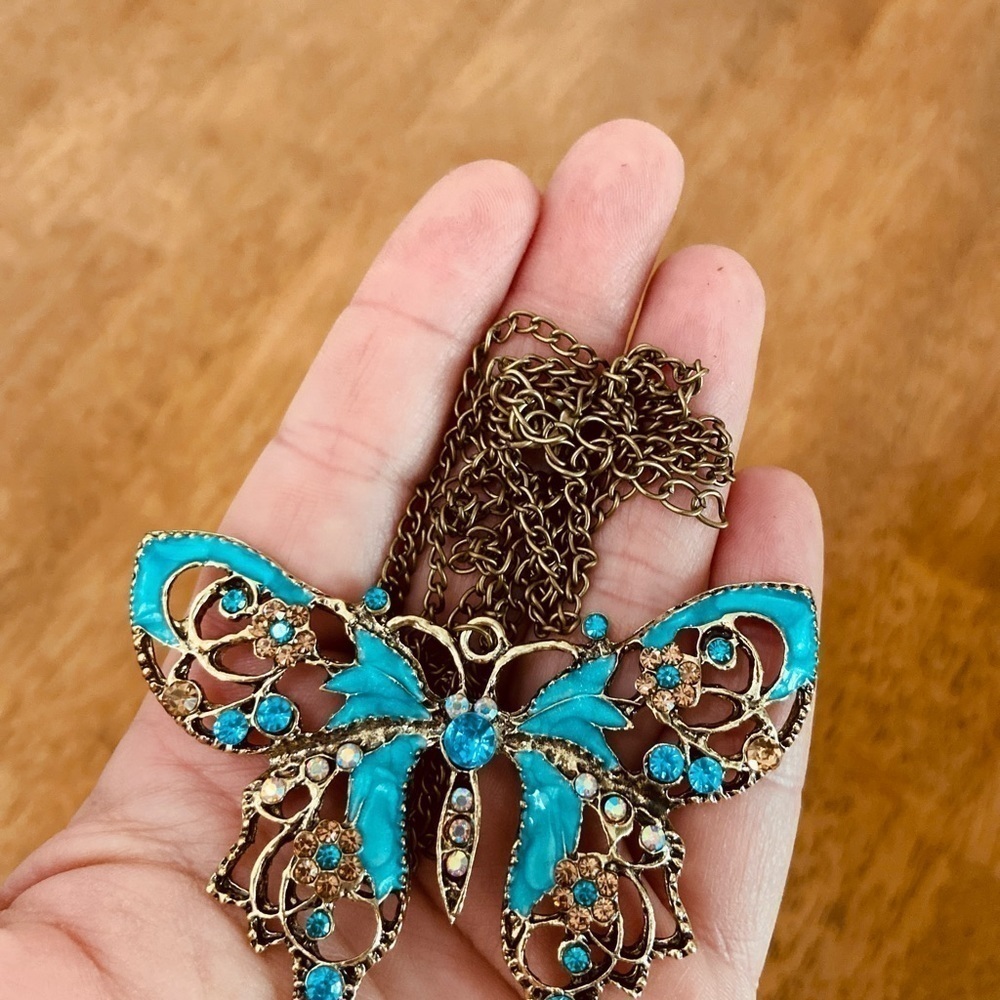 Boho Teal Butterfly Pendant Necklace Art Nouveau Enamel Rhinestone Cottagecore - Picture 11 of 12